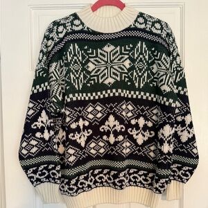 Nordic  Fair Isle Crewneck Sweater in Green and Cream